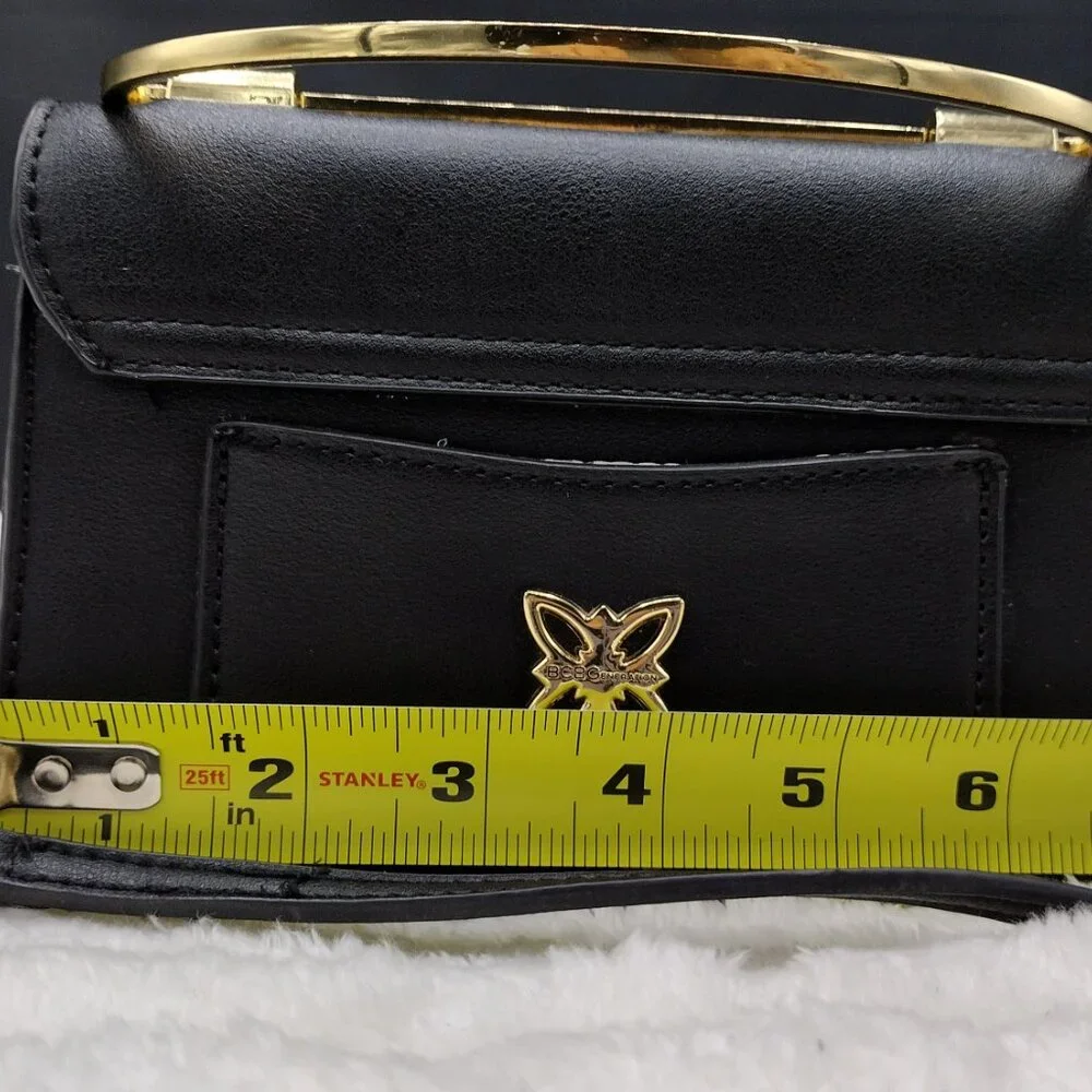 BCBGMAXAZRIA Black Sling / Mini Satchel/Crossbody Bag with Gold Clover Logo - Picture 4 of 8